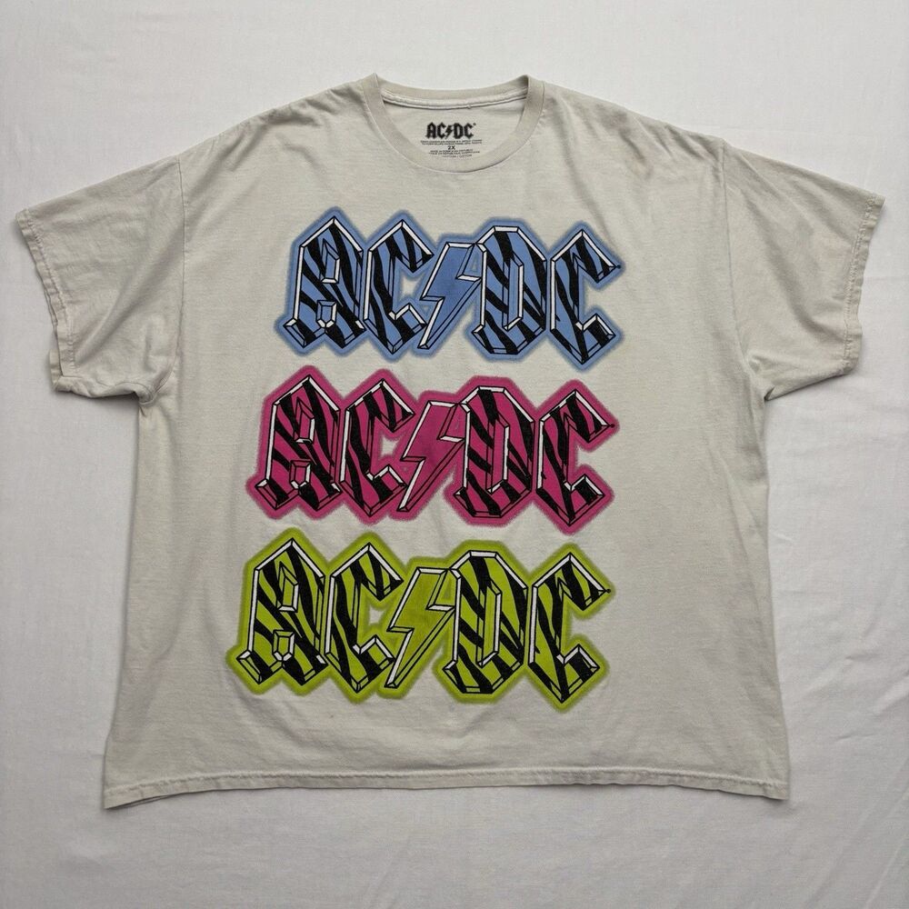 AC/DC Vintage Style Neon Zebra Stripe Logo Graphic T-Shirt Size 2XL Off-white